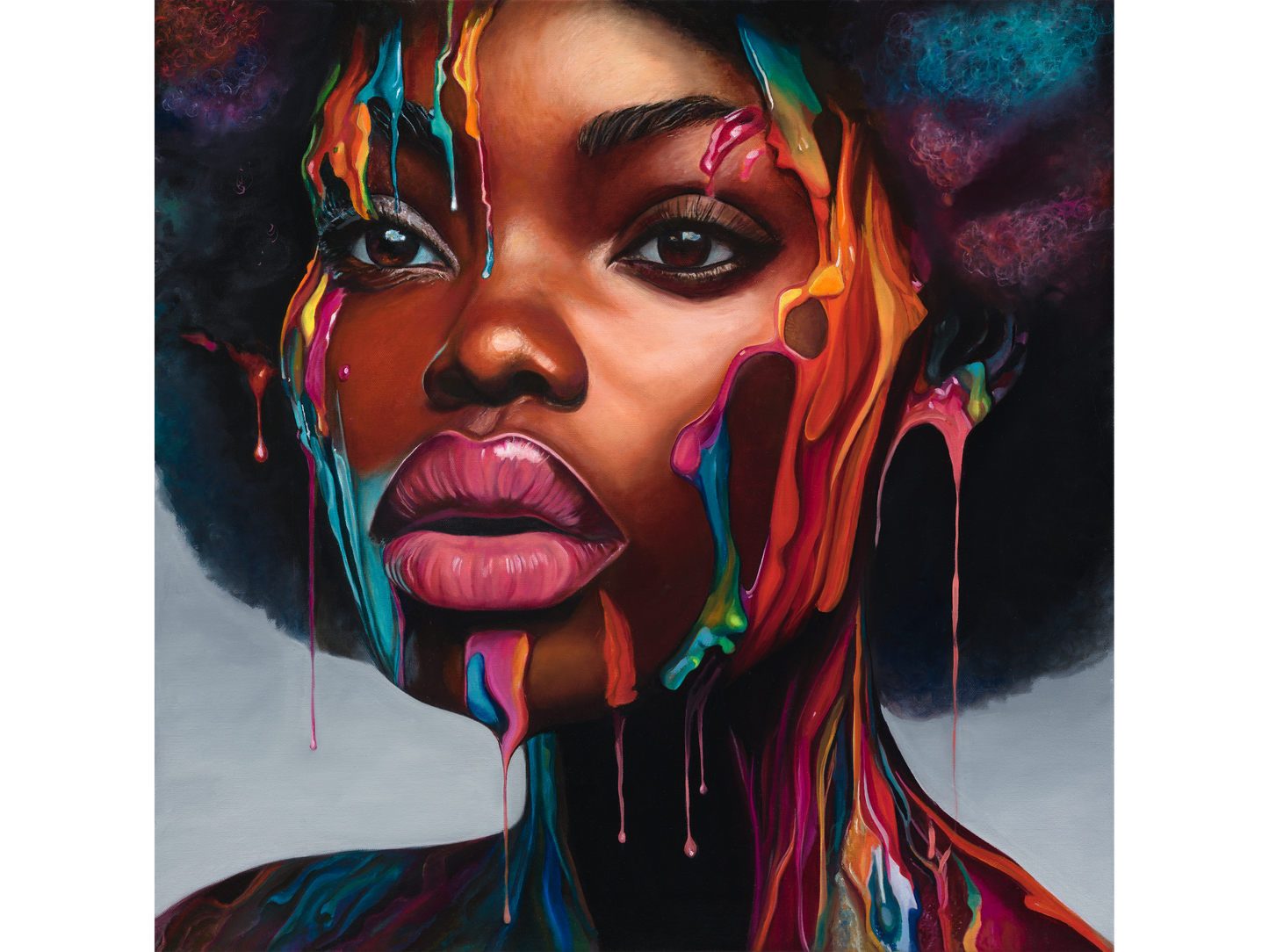 Original oil painting 'Art of Self' by Daria Baluta, 61 cm x 61 cm. Hyper-realistic portrait of a woman's face covered in thick, brightly coloured, melting paint (blue, yellow, magenta, orange).