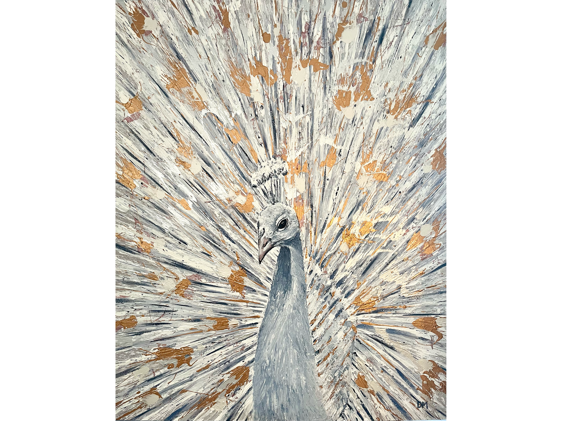 Oil on canvas 150 cm Height x 120 cm Width showing an elegant contemporary portrait of a white peacock with its fan displayed in white grey and gold paint splatter.