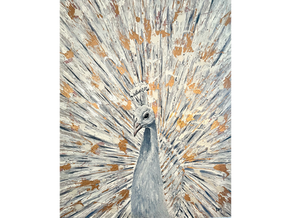 Oil on canvas 150 cm Height x 120 cm Width showing an elegant contemporary portrait of a white peacock with its fan displayed in white grey and gold paint splatter.