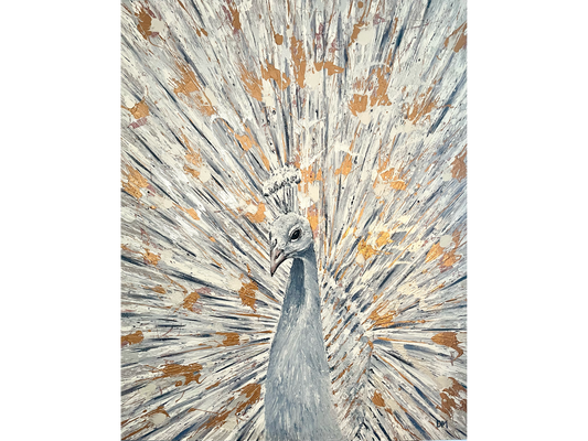 Oil on canvas 150 cm Height x 120 cm Width showing an elegant contemporary portrait of a white peacock with its fan displayed in white grey and gold paint splatter.