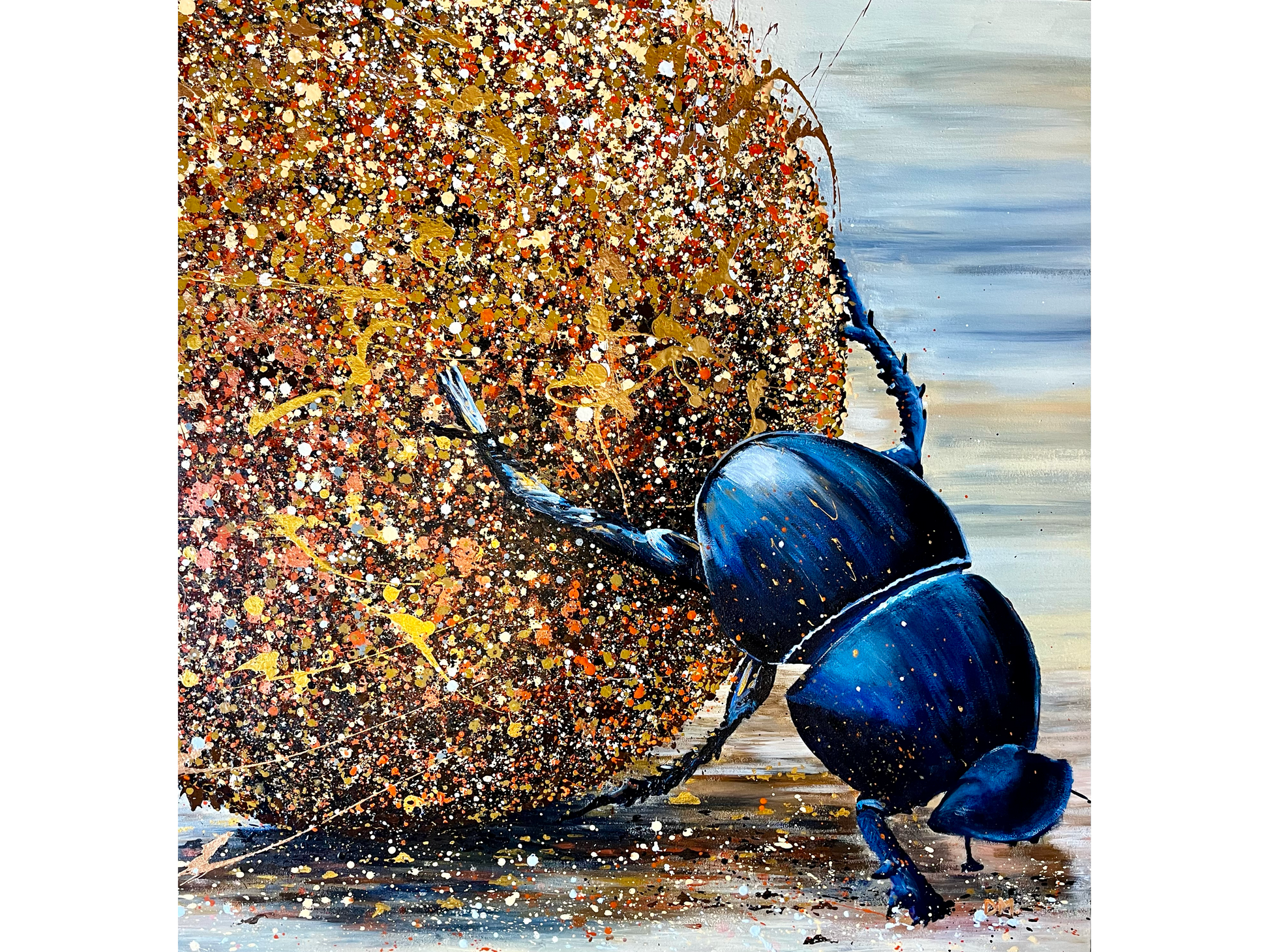Acrylic on canvas 120 cm Height x 120 cm Width showing a highly expressive dark blue dung beetle pushing a large sphere made entirely of gold bronze and white paint splatter.