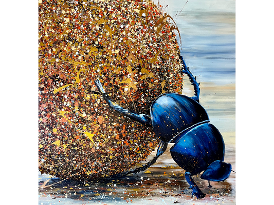 Acrylic on canvas 120 cm Height x 120 cm Width showing a highly expressive dark blue dung beetle pushing a large sphere made entirely of gold bronze and white paint splatter.