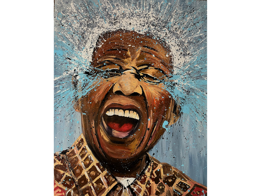 Acrylic on canvas 150 cm Height x 120 cm Width showing a dynamic close-up portrait of Nelson Mandela laughing with an explosive radial burst of blue and white paint splatter.