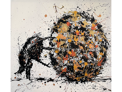 Acrylic on canvas 100 cm Height x 100 cm Width showing a highly abstract black dung beetle pushing a large sphere composed of dense black gold and bronze paint splatter on a white background.