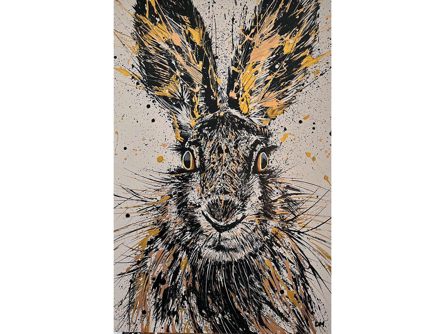 Acrylic on canvas 120 cm Height x 80 cm Width showing a highly expressive close-up portrait of a rabbit with gold eyes and large ears rendered in black gold and white paint splatter.