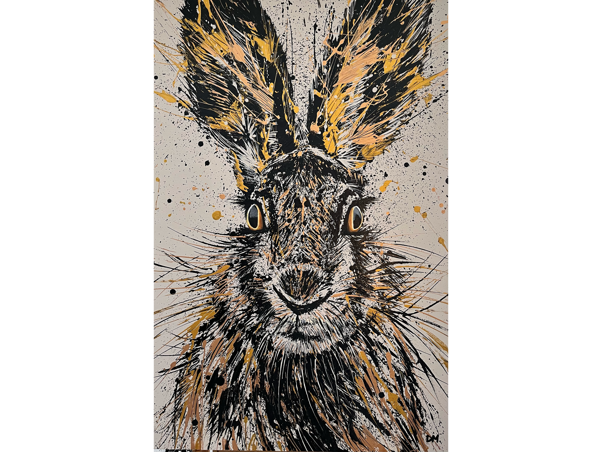 Acrylic on canvas 120 cm Height x 80 cm Width showing a highly expressive close-up portrait of a rabbit with gold eyes and large ears rendered in black gold and white paint splatter.