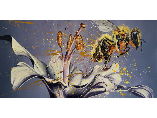 Acrylic on canvas 90 cm Height x 180 cm Width showing a large close-up of a bee in flight near a white lily stamen with an explosive burst of yellow and gold paint splatter against a grey background