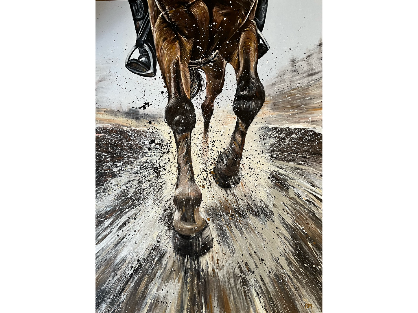 Acrylic on canvas 150 cm Height x 110 cm Width showing a dynamic close-up of a horse's lower body and legs galloping directly at the viewer with an explosion of brown and white paint splatter.