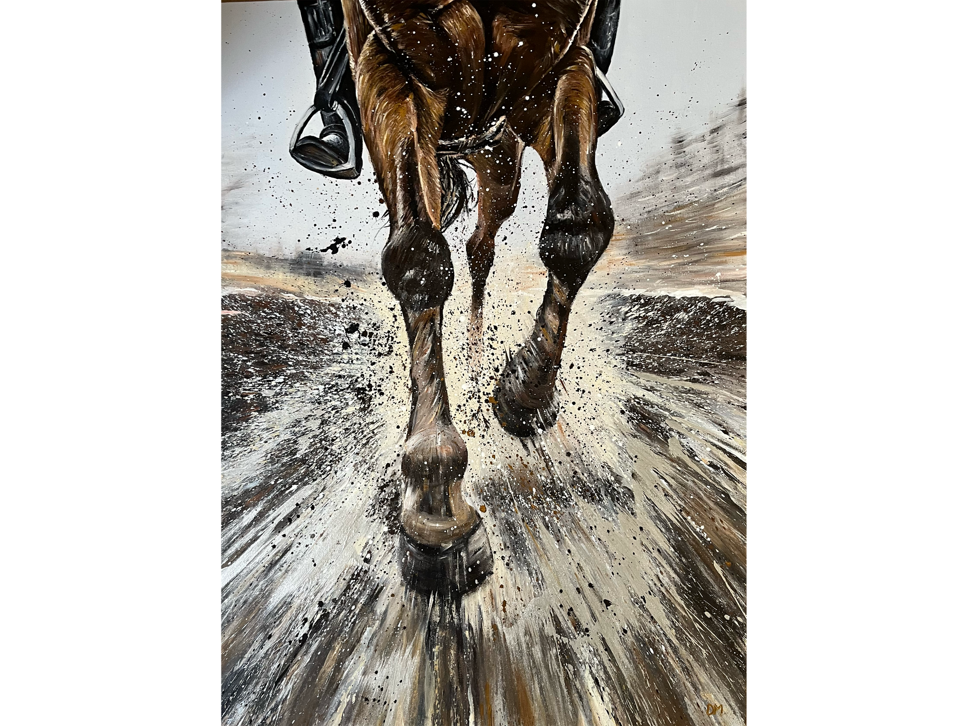 Acrylic on canvas 150 cm Height x 110 cm Width showing a dynamic close-up of a horse's lower body and legs galloping directly at the viewer with an explosion of brown and white paint splatter.
