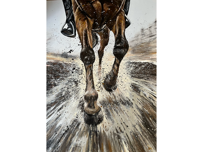 Acrylic on canvas 150 cm Height x 110 cm Width showing a dynamic close-up of a horse's lower body and legs galloping directly at the viewer with an explosion of brown and white paint splatter.