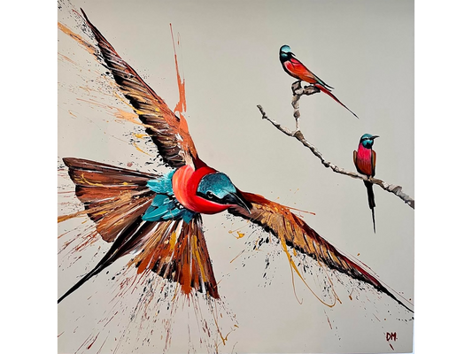 Acrylic on canvas 110 cm Height x 110 cm Width showing a highly dynamic Carmine Bee-eater in flight rendered in red and turquoise with an explosive paint splatter trail against a pale background.