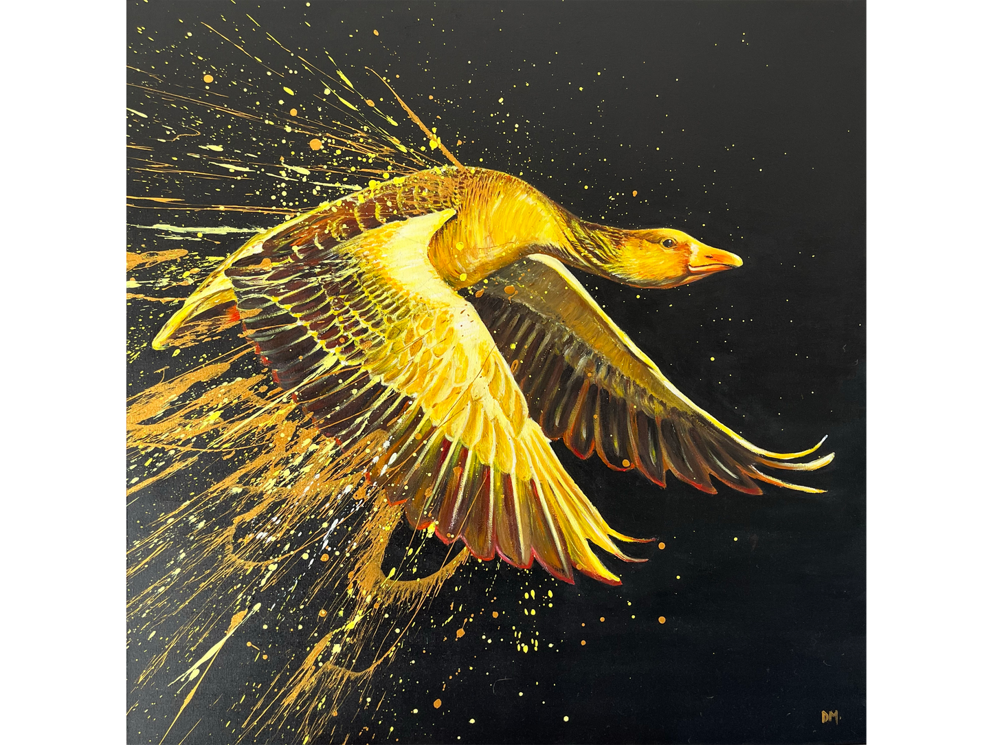 Acrylic on canvas 120 cm Height x 120 cm Width showing a highly expressionistic golden goose in flight with brilliant yellow wings and a trail of gold paint splatter against a solid black background.
