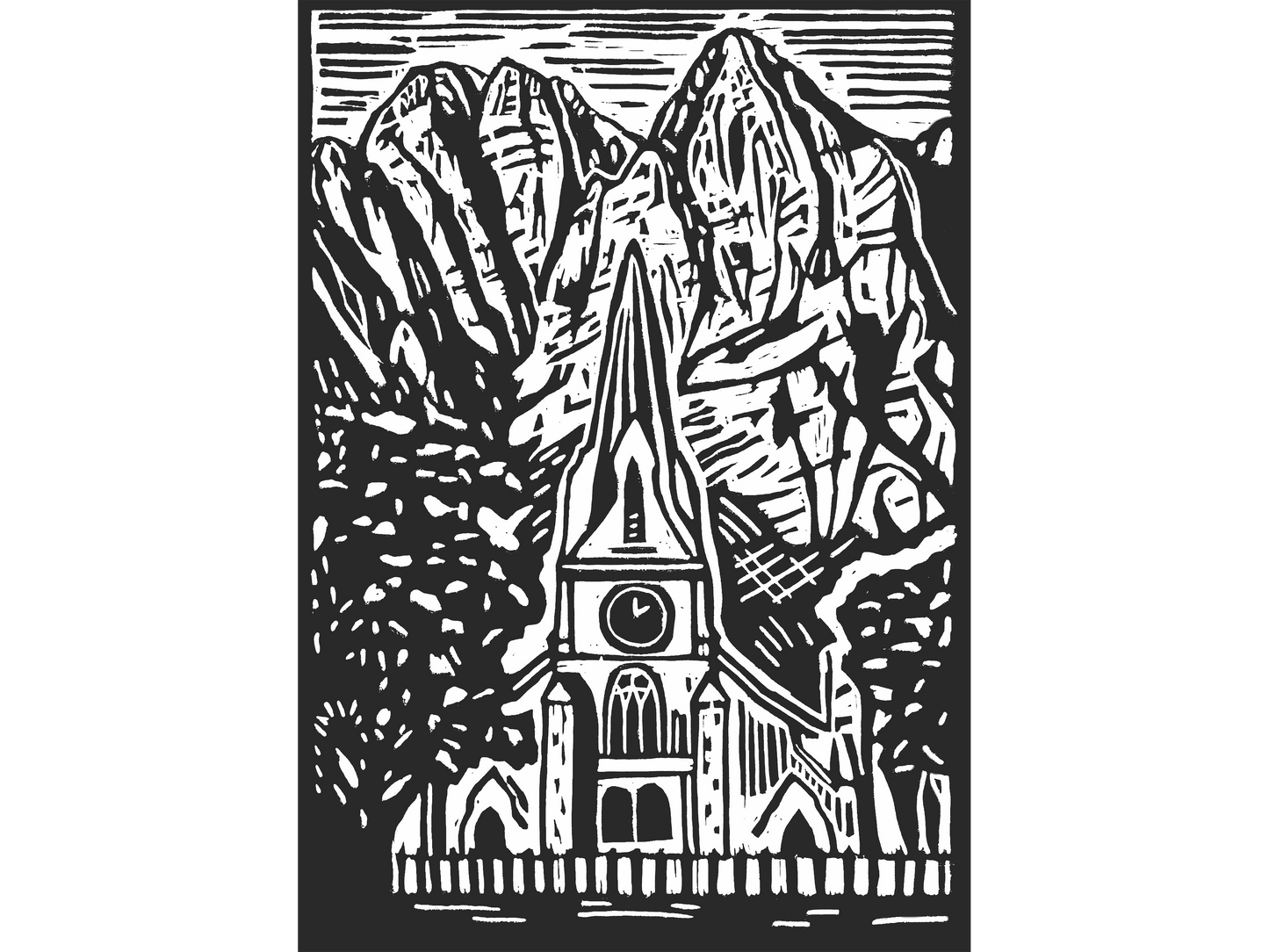 Black and white lino print of a tall church steeple in Stellenbosch with large mountains in the background and leafy trees in the foreground.