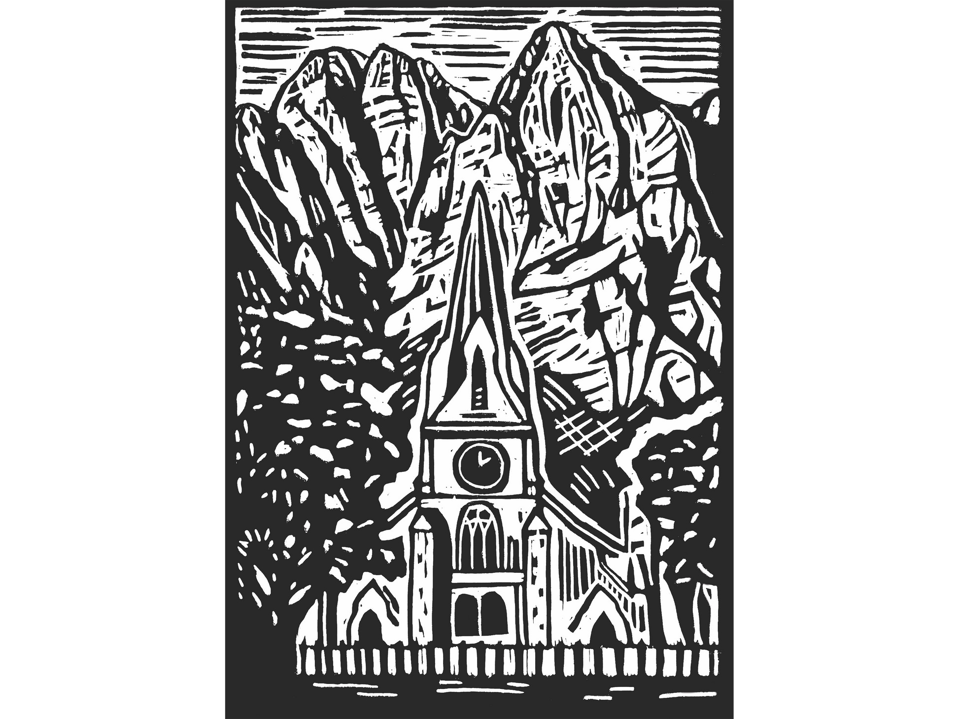 Black and white lino print of a tall church steeple in Stellenbosch with large mountains in the background and leafy trees in the foreground.