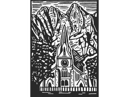 Black and white lino print of a tall church steeple in Stellenbosch with large mountains in the background and leafy trees in the foreground.