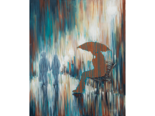 Vertical painting of a park scene with a figure on a bench under an umbrella detailed in orange yarn, with a blurred couple walking in the background.