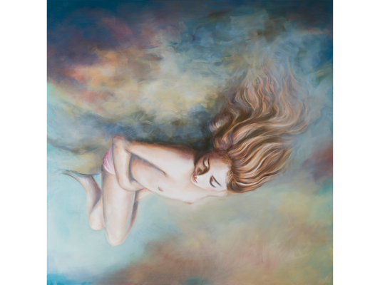 Large square oil painting 'Dream' by Tharien Smith, 120 cm x 120 cm. A woman with long hair floating in a soft, multicoloured ethereal background.