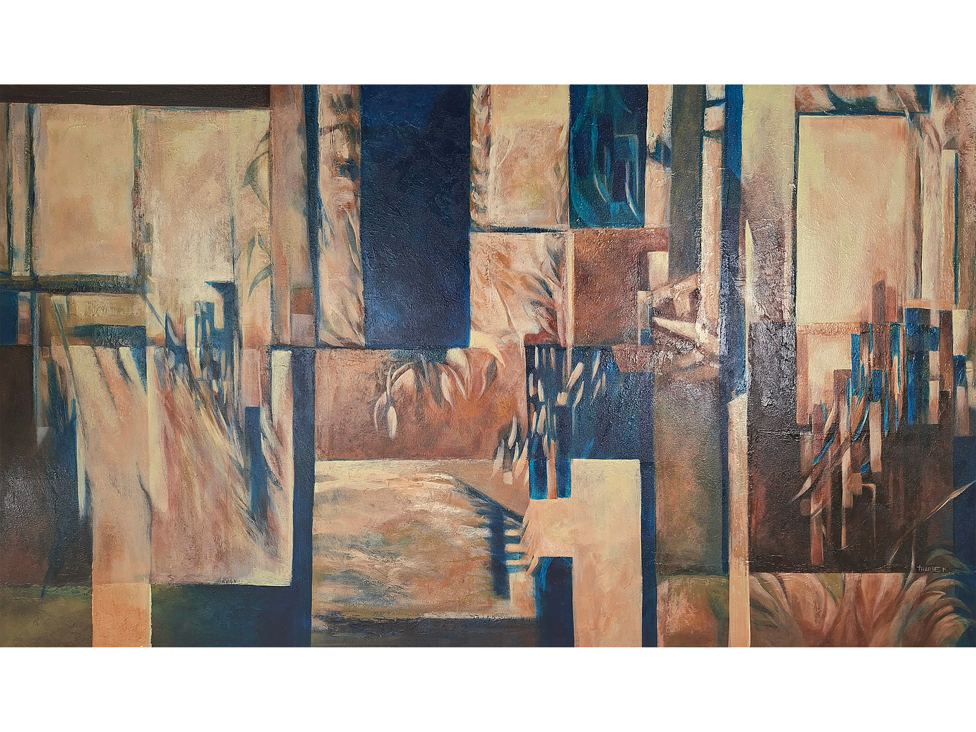 Large horizontal abstract painting composed of a grid of rectangular panels in navy blue, tan, and cream with subtle organic and architectural shapes.