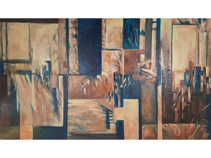 Large horizontal abstract painting composed of a grid of rectangular panels in navy blue, tan, and cream with subtle organic and architectural shapes.