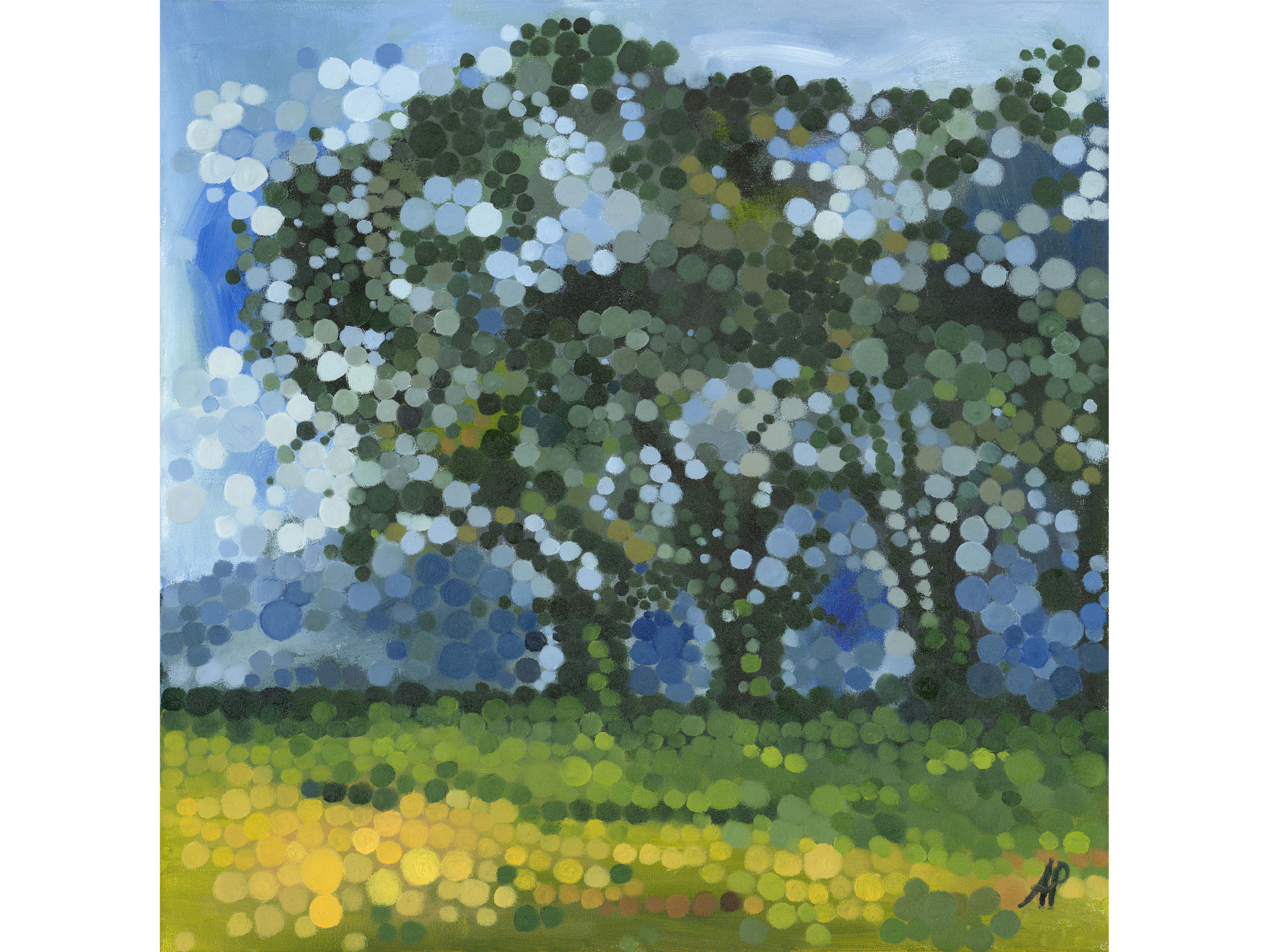 Original pointillist oil painting 'Geelekuil' by Allison Pilling, 80 cm x 80 cm. A dense green tree canopy above a yellow meadow, created with circular dots.