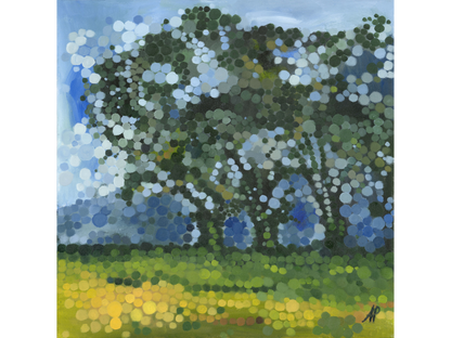 Original pointillist oil painting 'Geelekuil' by Allison Pilling, 80 cm x 80 cm. A dense green tree canopy above a yellow meadow, created with circular dots.