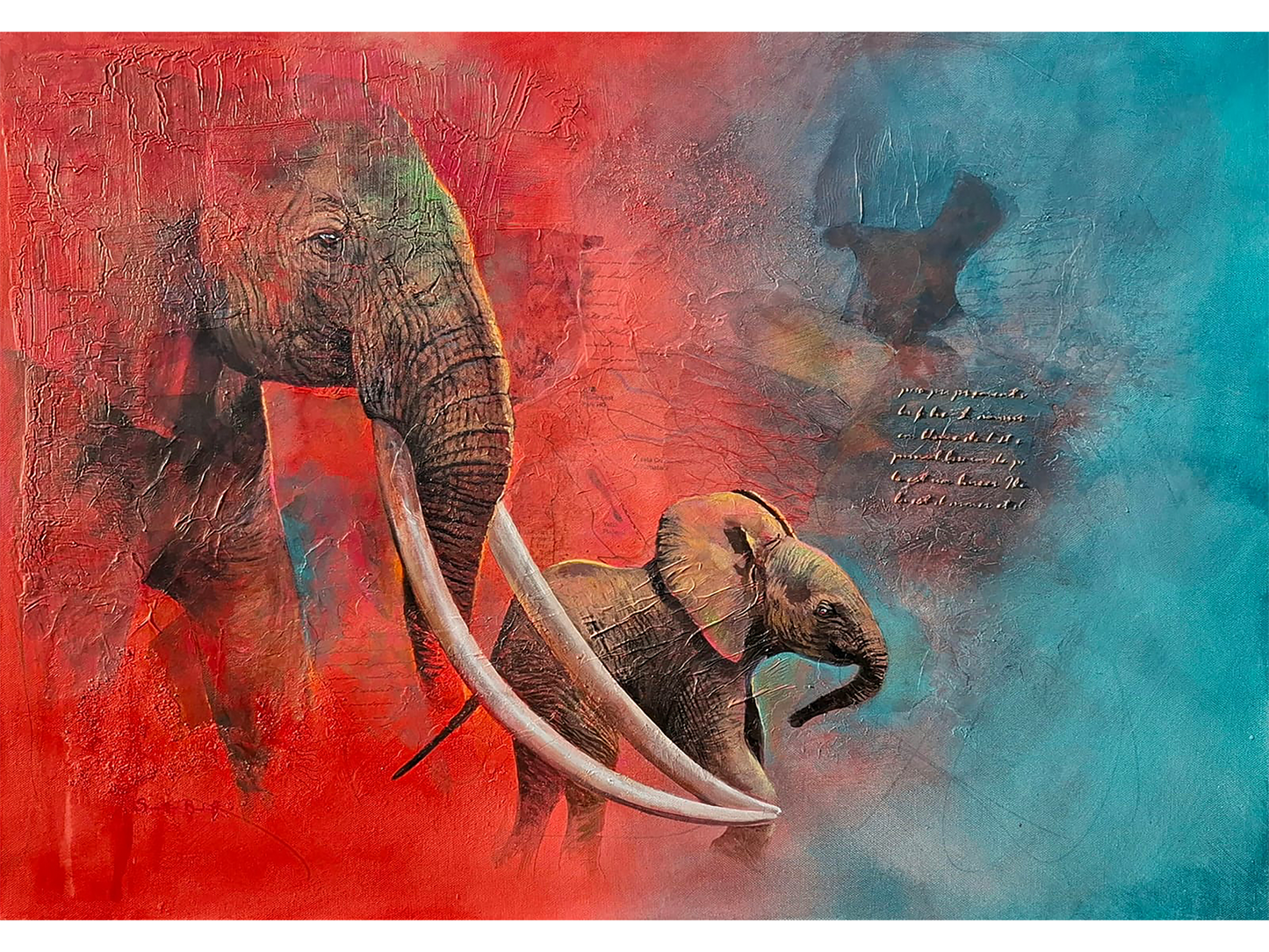 Mixed media painting of a detailed elephant head and calf moving from a textured crimson red background into a deep turquoise background with script details.