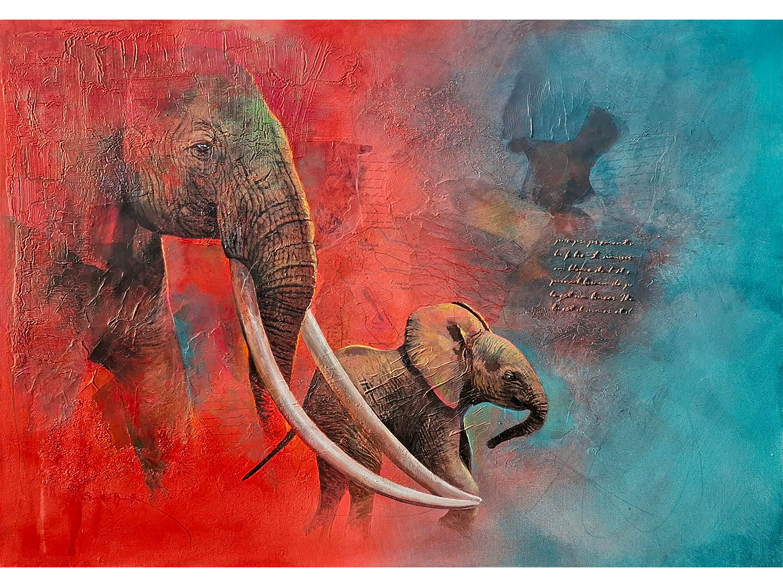 Mixed media painting of a detailed elephant head and calf moving from a textured crimson red background into a deep turquoise background with script details.