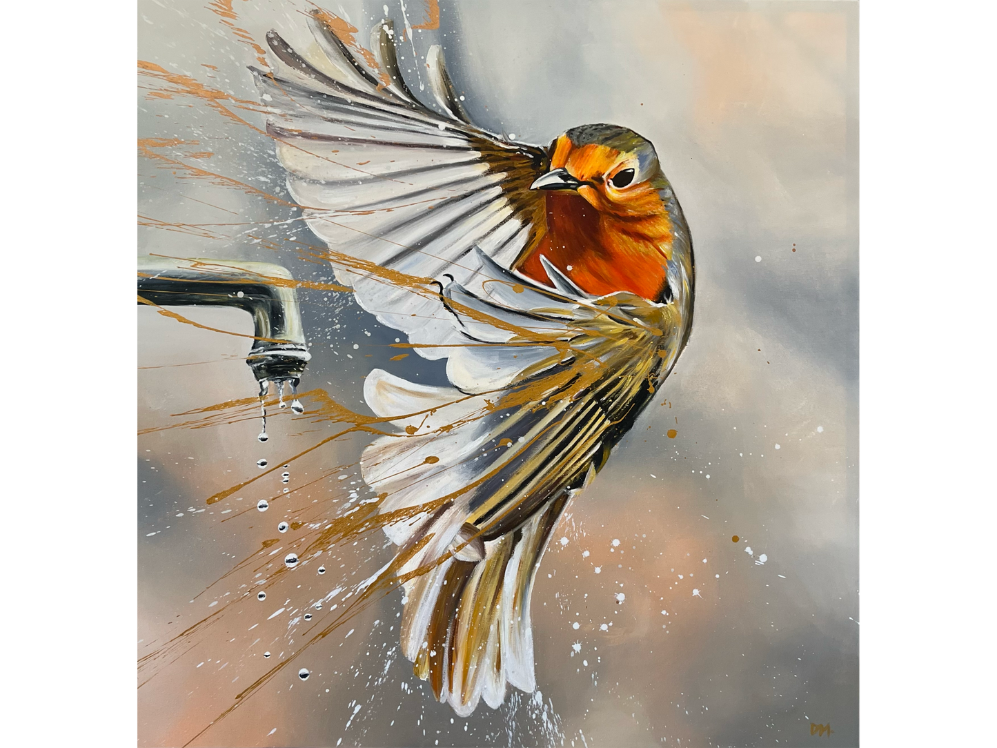 Original acrylic painting 'European Robin' by Darren McKay, 120 cm x 120 cm. A vibrant robin with spread wings, caught mid-action, with white and gold paint splashes. A dripping tap is visible next to the bird. Grey and ochre background.