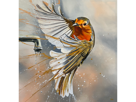 Original acrylic painting 'European Robin' by Darren McKay, 120 cm x 120 cm. A vibrant robin with spread wings, caught mid-action, with white and gold paint splashes. A dripping tap is visible next to the bird. Grey and ochre background.