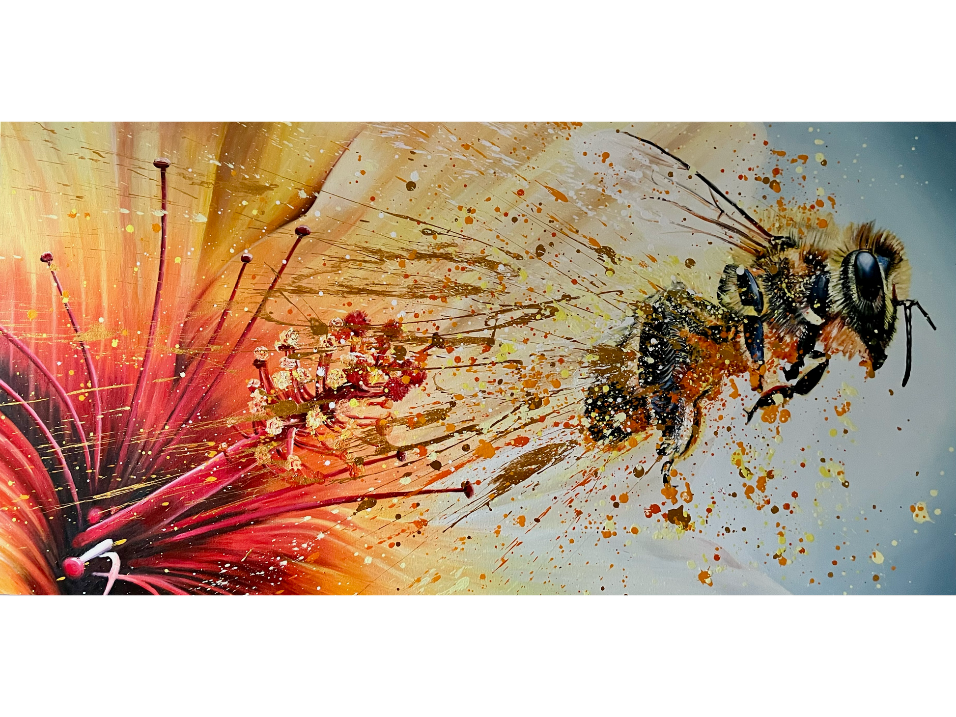 Original acrylic painting 'Bee' by Darren McKay, 90 cm x 180 cm. A dynamic, large-scale scene of a bee flying away from a red flower with golden splatters.