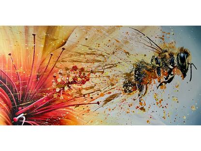 Original acrylic painting 'Bee' by Darren McKay, 90 cm x 180 cm. A dynamic, large-scale scene of a bee flying away from a red flower with golden splatters.
