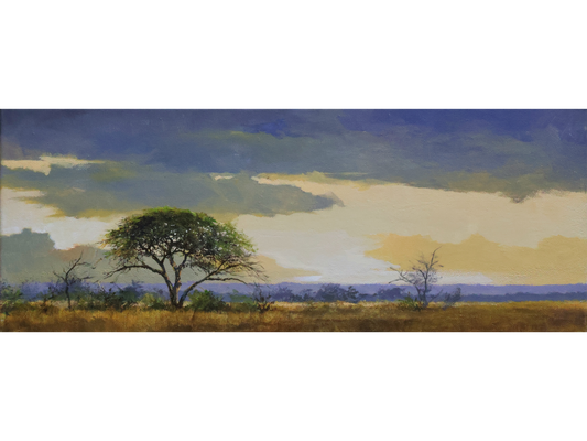 Original acrylic painting 'After the rain, Kruger' by Dawie Fourie, 19 cm x 50 cm. A panoramic landscape with a leafy tree under a stormy sky.