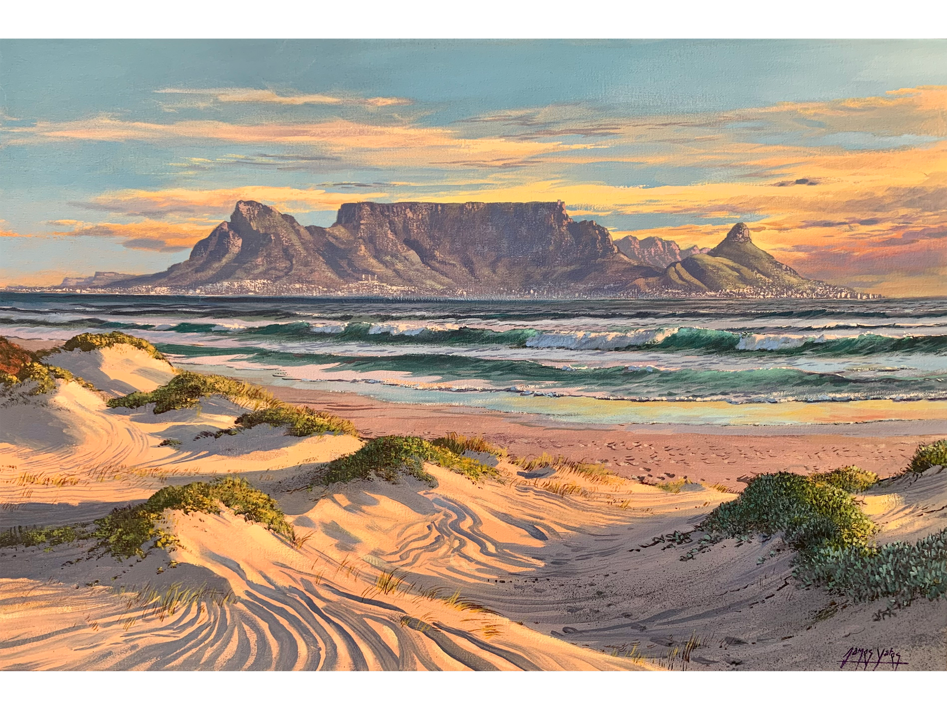 Original oil painting 'Evening Light on Table Mountain' by James Yates, 51 cm x 76 cm. A coastal scene of sand dunes and waves with Table Mountain at sunset.