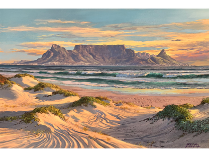 Original oil painting 'Evening Light on Table Mountain' by James Yates, 51 cm x 76 cm. A coastal scene of sand dunes and waves with Table Mountain at sunset.