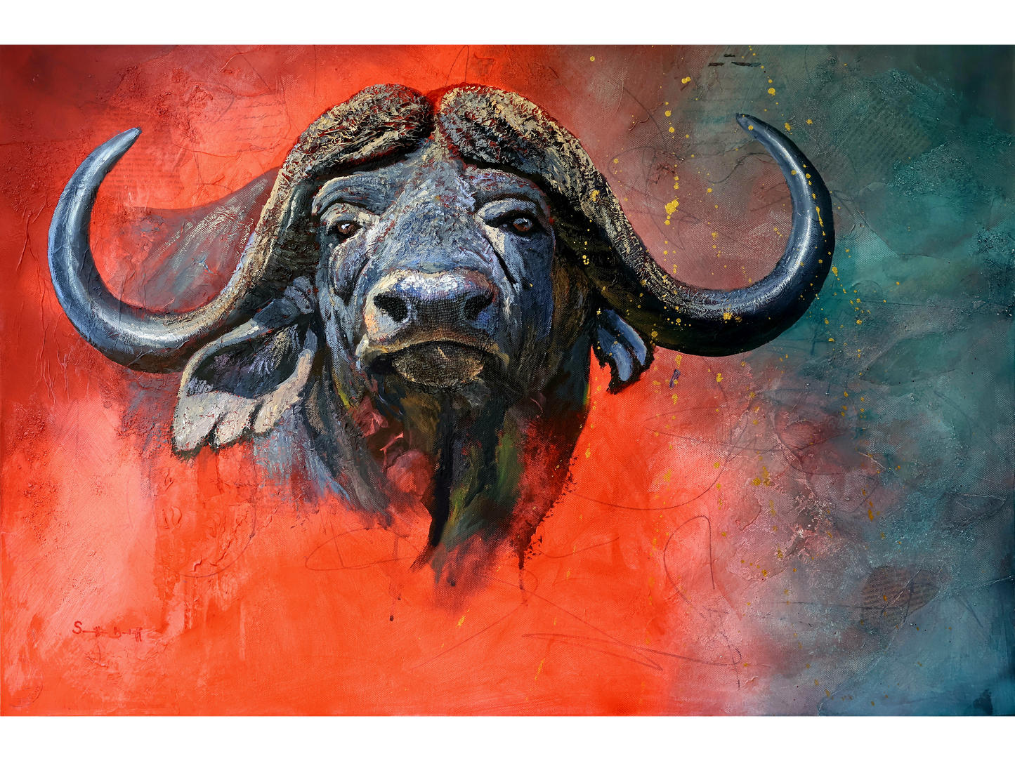 Mixed media painting of a Cape Buffalo head with large horns against a split background of fiery red and deep teal with gold splatters.