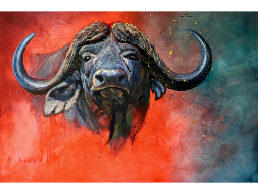 Mixed media painting of a Cape Buffalo head with large horns against a split background of fiery red and deep teal with gold splatters.