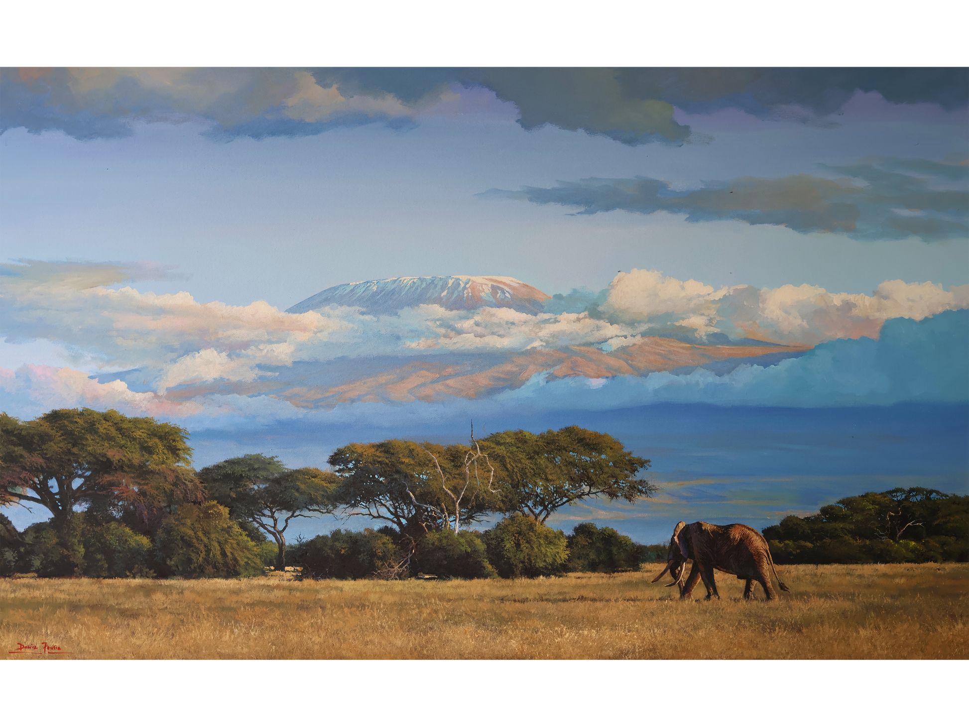 Large acrylic painting of a lone elephant walking through a golden savannah with Mount Kilimanjaro rising through clouds in the background.
