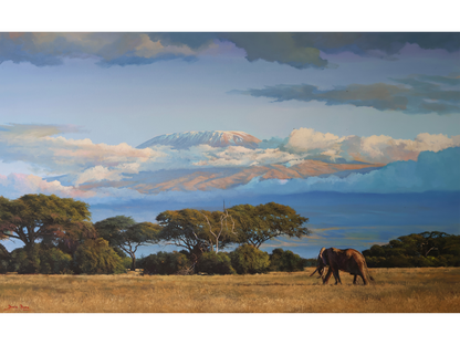 Large acrylic painting of a lone elephant walking through a golden savannah with Mount Kilimanjaro rising through clouds in the background.