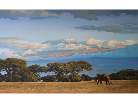 Large acrylic painting of a lone elephant walking through a golden savannah with Mount Kilimanjaro rising through clouds in the background.