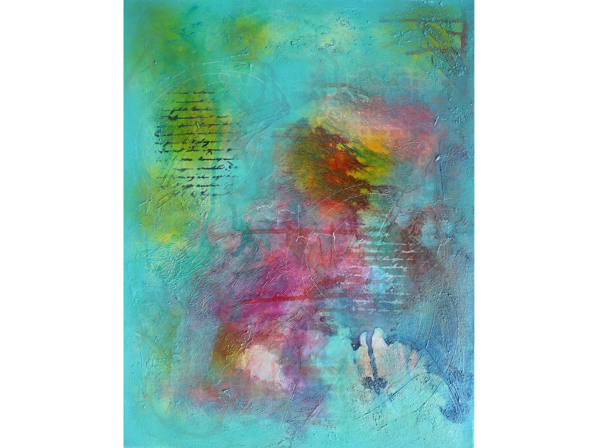 Vertical abstract mixed-media painting with a turquoise background, central bursts of red and magenta, and layered fragments of written script and text.