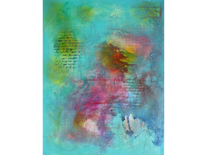 Vertical abstract mixed-media painting with a turquoise background, central bursts of red and magenta, and layered fragments of written script and text.