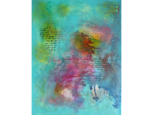 Vertical abstract mixed-media painting with a turquoise background, central bursts of red and magenta, and layered fragments of written script and text.