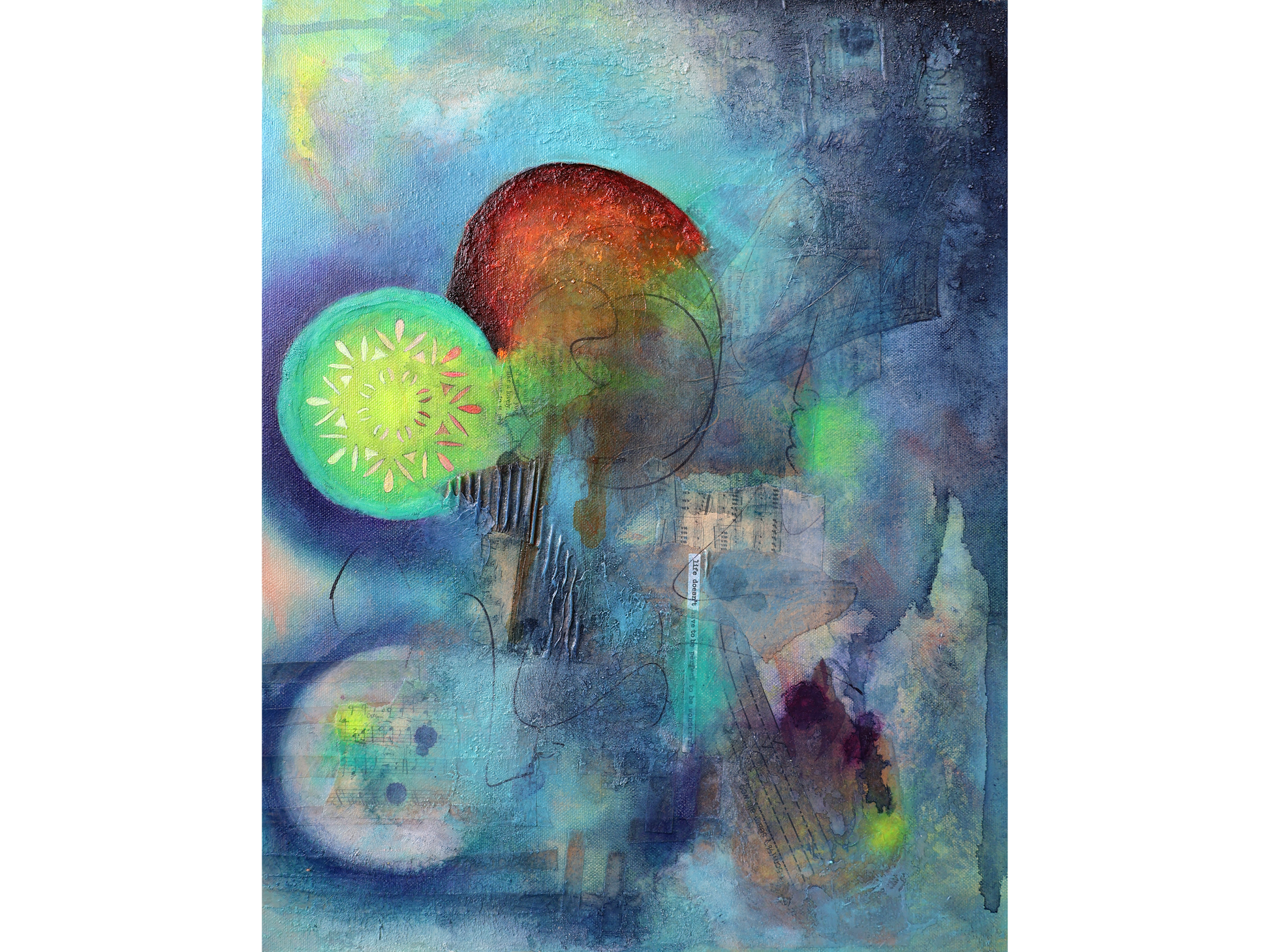 Vertical abstract mixed-media painting featuring a large orange circle, a green mandalic disc, sheet music fragments, and corrugated textures on a blue background.
