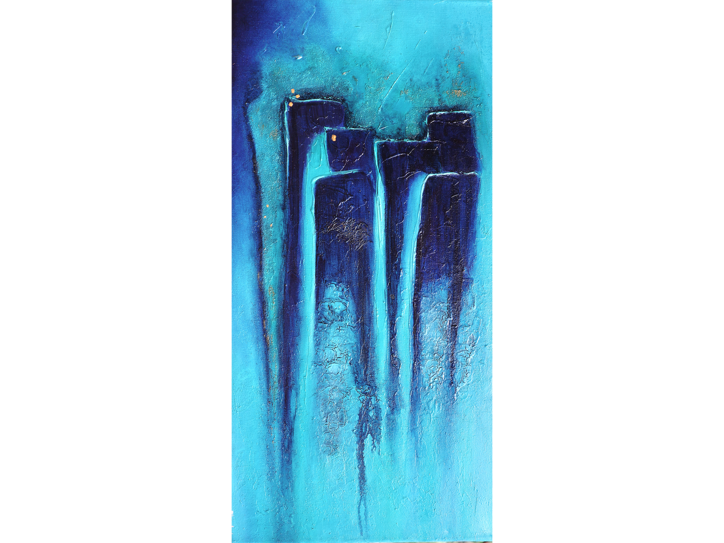 Vertical abstract painting on canvas with staggered dark blue rectangular forms dissolving into a bright turquoise and cyan background.