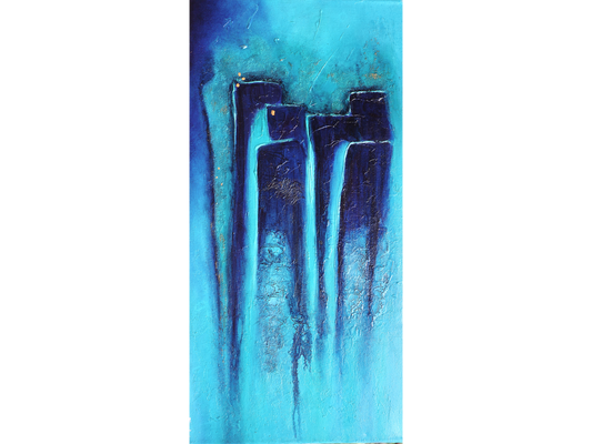 Vertical abstract painting on canvas with staggered dark blue rectangular forms dissolving into a bright turquoise and cyan background.
