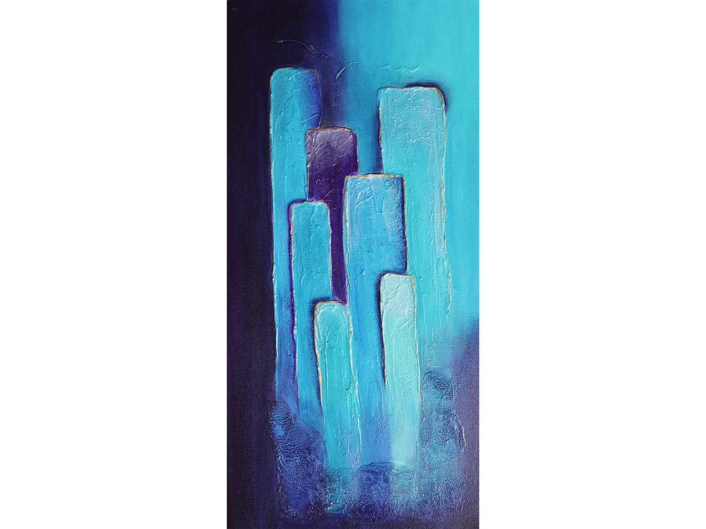 Vertical abstract painting on canvas featuring staggered rectangular pillars in turquoise and purple against a deep blue and cyan background.