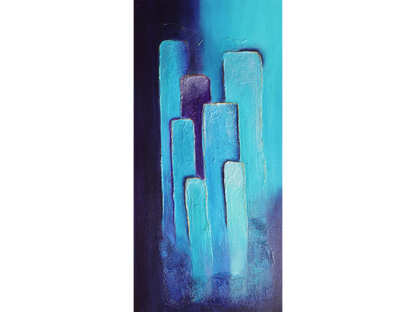 Vertical abstract painting on canvas featuring staggered rectangular pillars in turquoise and purple against a deep blue and cyan background.