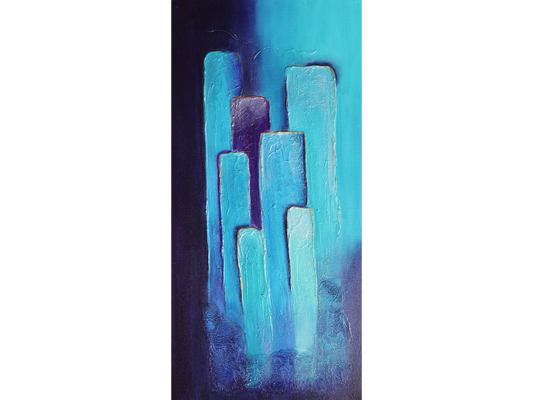 Vertical abstract painting on canvas featuring staggered rectangular pillars in turquoise and purple against a deep blue and cyan background.