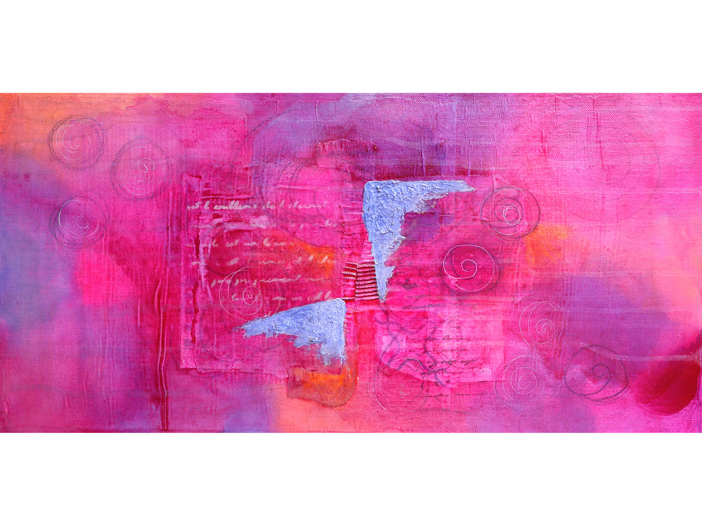 Horizontal abstract mixed-media painting with a bright pink and purple background, central collage of old paper and silver paint, and thin black spirals.