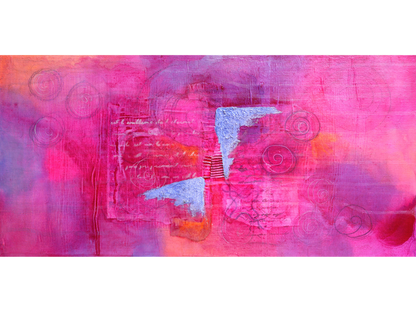 Horizontal abstract mixed-media painting with a bright pink and purple background, central collage of old paper and silver paint, and thin black spirals.